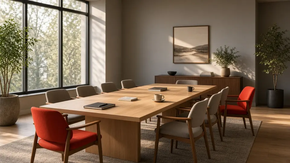 A sunlit conference room with a long oak table and red-orange accent chairs