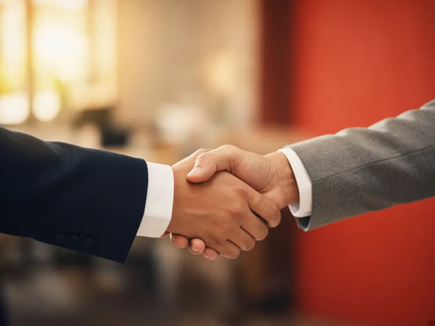 Two business people shaking hands in a warm office with a red-orange wall